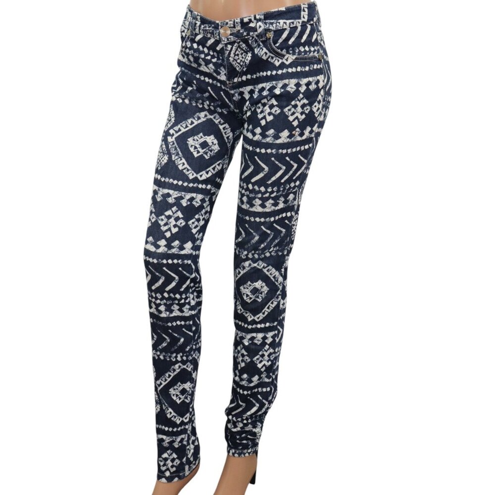 STUDIO F Printed Navy Blue & White Aztec Print Skinny Jeans 8
